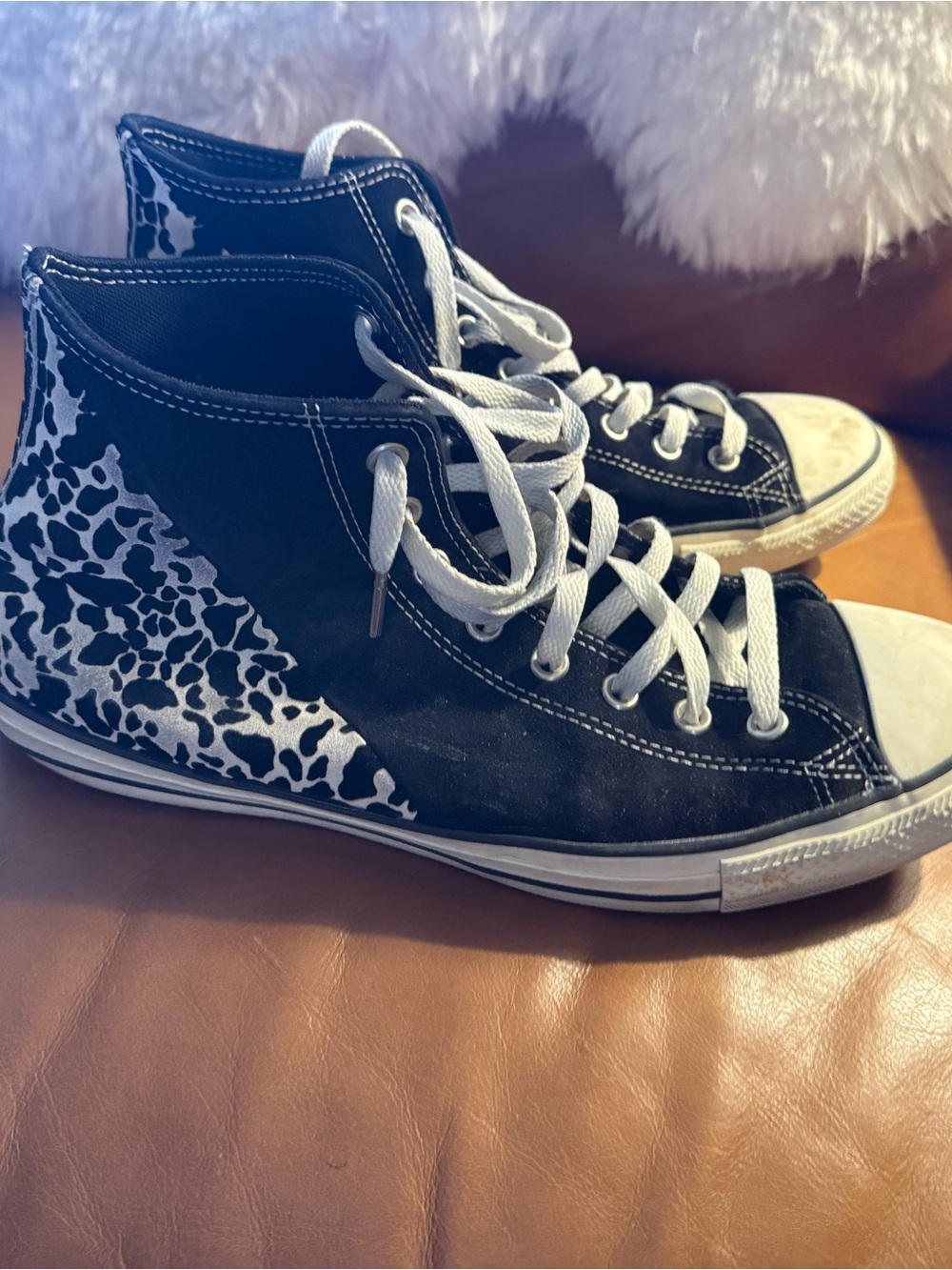 Black High-Top Canvas Sneakers with White Cow-Print Accent